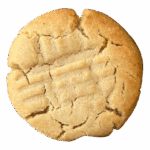 A round Thumbprints cookie, golden-brown with visible cracks and a crisscross fork pattern in the center, shown on a plain white background.