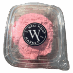 A clear plastic container holds a round serving of WPM Cheese Spreads with a black and white circular West Point Market sticker on the lid.