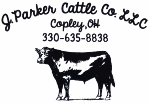 Logo for J. Parker Cattle Co. LLC, Copley, OH, with phone number 330-635-8838 above a black and white illustration of a cow.