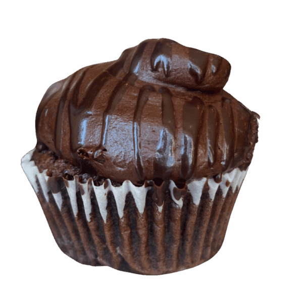 A chocolate cupcake with swirled chocolate frosting and chocolate drizzle, wrapped in a white paper liner, against a plain white background.