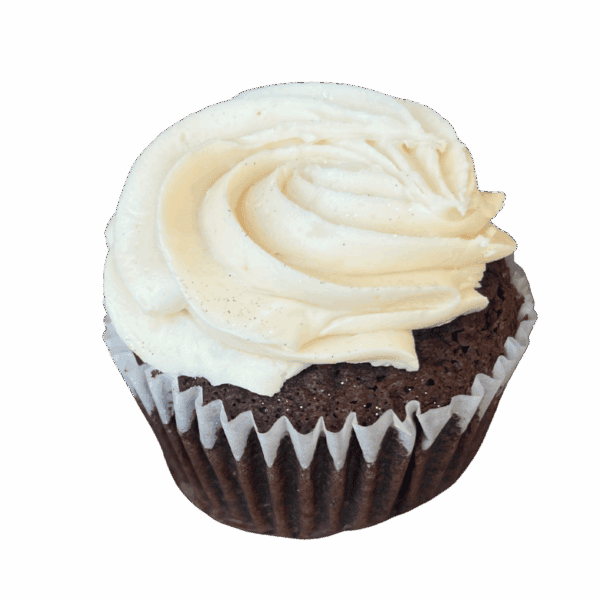 A chocolate cupcake in a white paper liner, topped with a swirl of white vanilla frosting, against a plain white background.
