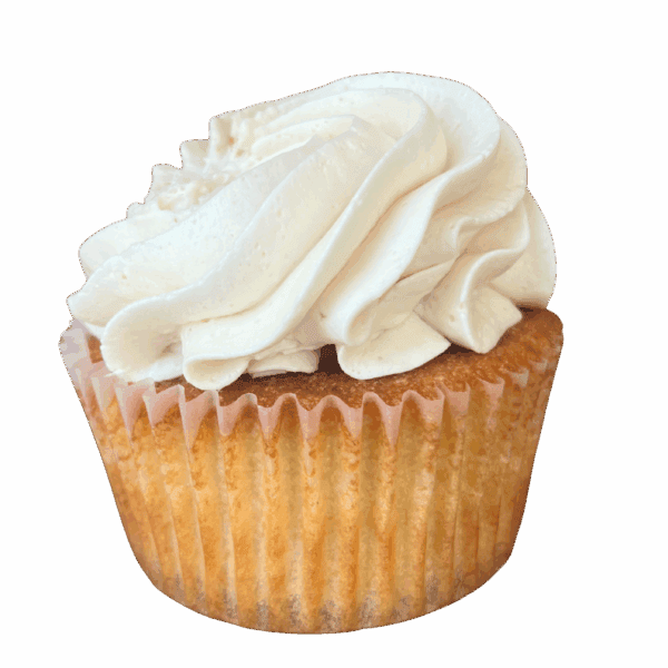 A vanilla cupcake with a golden-brown base, topped with a generous swirl of creamy white frosting, set against a plain white background.