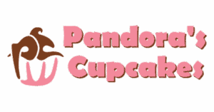Logo for Pandoras Cupcakes featuring a cupcake illustration with chocolate frosting on the left and the business name in pink and brown bold letters on the right.