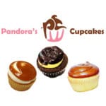 Below the logo and name “Pandora’s Cupcakes - Daily 6 Flavors,” three cupcakes with different frostings are shown. The logo displays a stylized cupcake with a pink wrapper and brown topping.