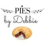 A whole cherry pie with a slice missing sits below the text "Debbie's Pies" in decorative script with leaf accents.