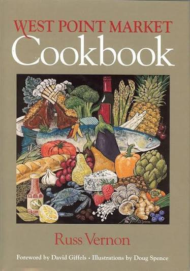 West Point Market Cookbook cover featuring an illustration of various fruits, vegetables, seafood, and cheese surrounding a whole fish, with the title and author name in red and white text.